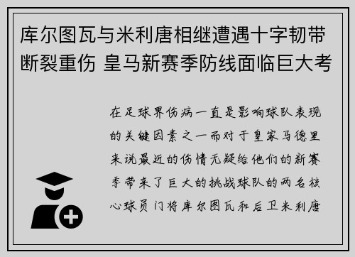 库尔图瓦与米利唐相继遭遇十字韧带断裂重伤 皇马新赛季防线面临巨大考验